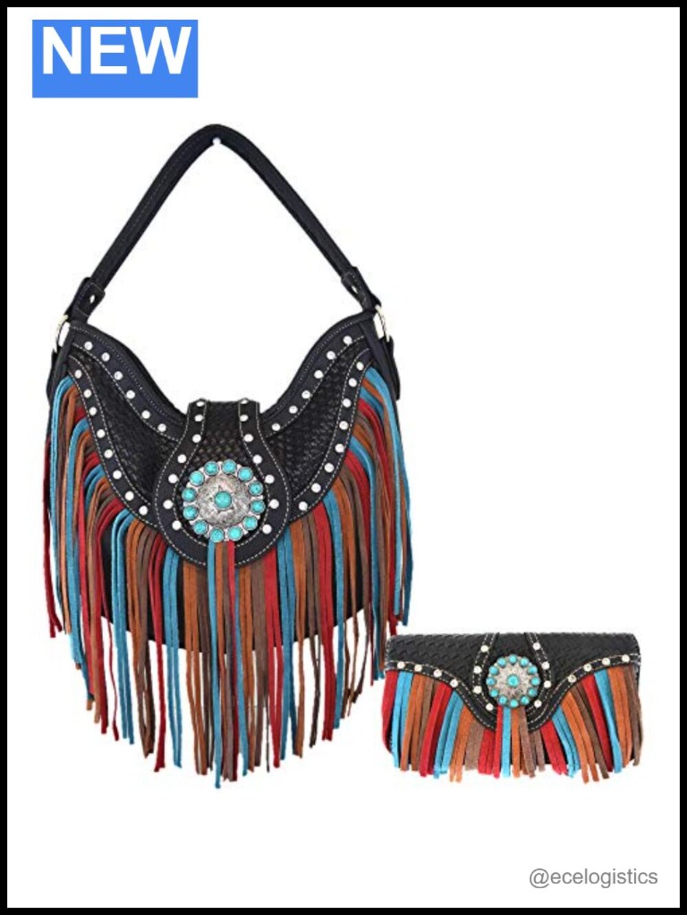 Western Fringe Conchos Gem Rhinestone Studded Woven Leather Purse Country